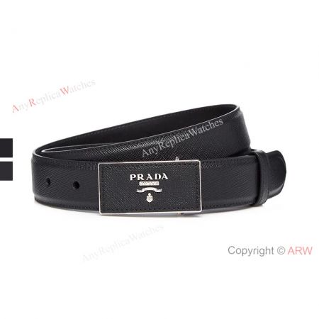 Copy Prada Black Saffiano Leather Belt Logo Appliqued Buckle 34mm Men